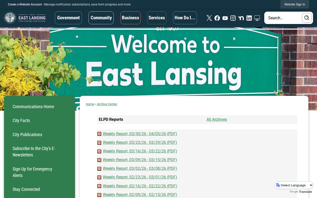 East Lansing Police Department weekly arrest report archive for East Lansing historical arrest records