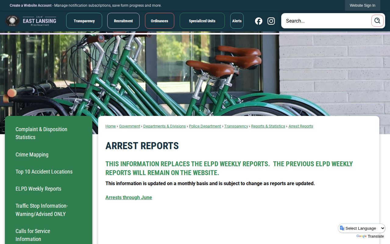 East Lansing Police Department monthly arrest reports page for East Lansing arrest records