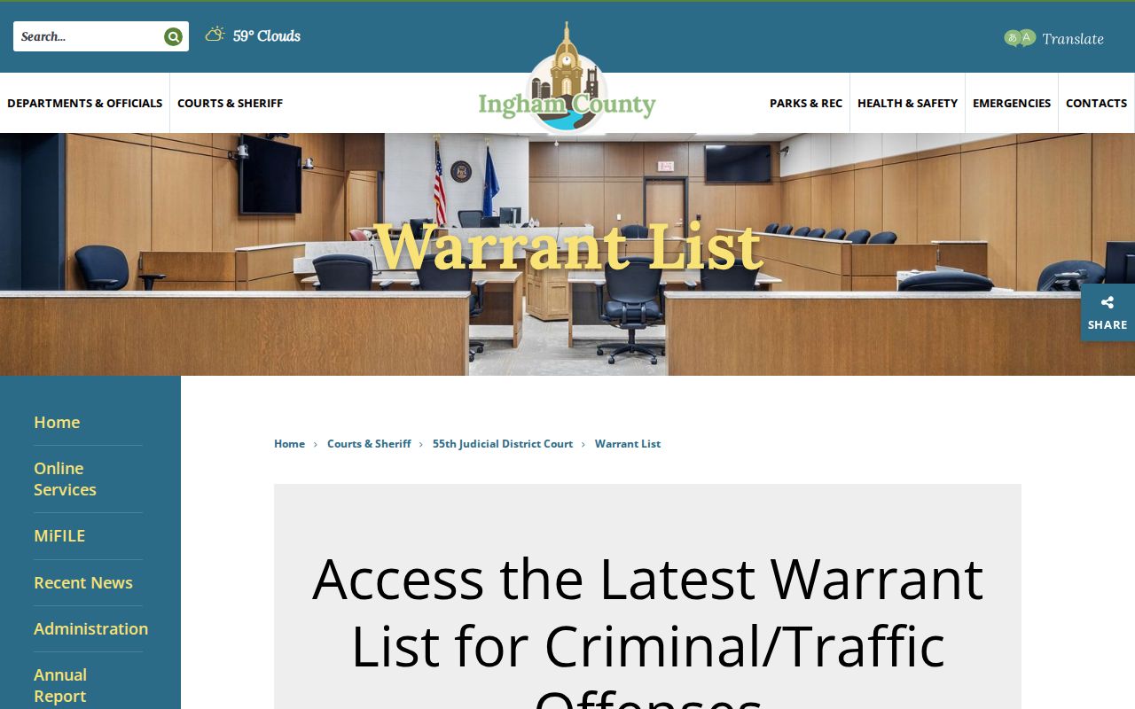 55th District Court warrant list page for Ingham County criminal and traffic matters