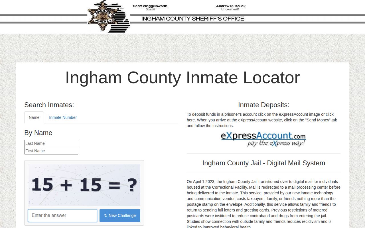 Ingham County current custody record locator search interface