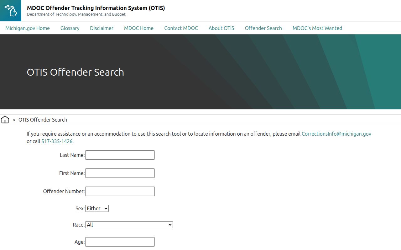 Michigan Department of Corrections OTIS offender record search for Ingham County context